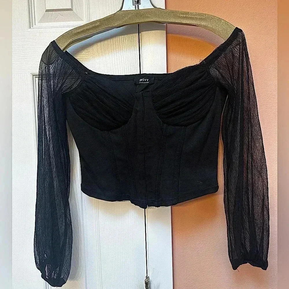 Privy Black Off the Shoulder Crop Top Size S, Corset Style
